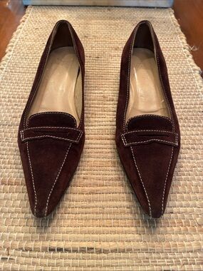 J. Crew Pointed Suede Penny Loafers in Deep Brown
